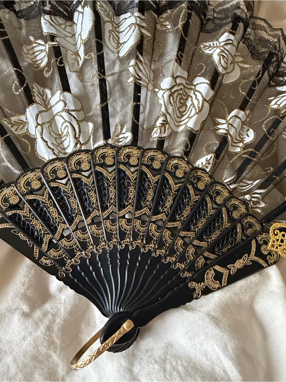 Black Lace Hand Fan with Gold Accent - Picture 3 of 5